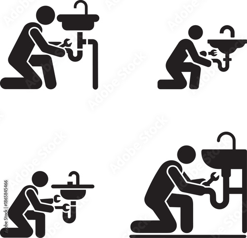 Professional Plumber Repairing Sink and Pipeline Maintenance Icon Set