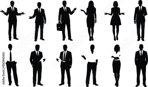 Silhouettes of diverse male and female business professionals in suits, ties, and skirts with briefcases and phones, symbolizing corporate teamwork and workplace diversity