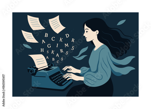 Typewriter Dreams. Vintage typewriter lookbook. Model typing while fabric sleeves flutter; letters floating like tiny charms. Paper sheets drifting upward.