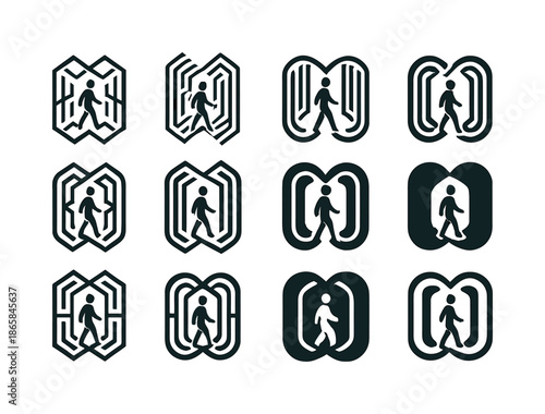 Maze of Mirrors Icons. wandering through a maze of mirrors. Icon set. Set Logo of wandering through a maze of mirrors: infinite loop reflection. harmonious