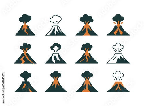 Volcanic Eruption Logos. Volcanic eruption. Icon set. Set Logo of Volcanic eruption: glowing lava rock. harmonious logo variations of the same emblematic