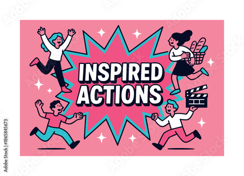 Energetic Actions Display. Inspired actions banner, flat vector illustration, bold oversized text inside splash explosion banner, cartoon characters jumping