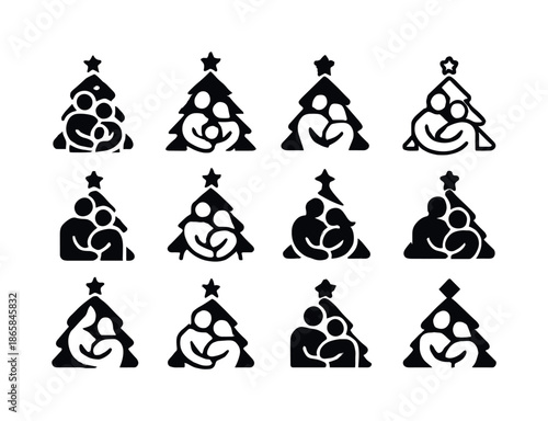 Festive Family Icons. family taking a holiday photo in front of the christmas tree. Icon set. Set Logo of family taking a holiday photo in front of the