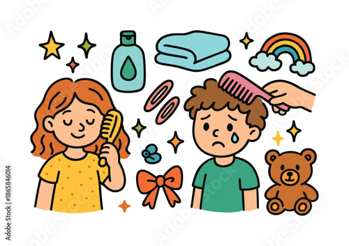 Kids Hair Brushing Fun. Kids hair brushing. Colorful Hand-drawn doodle Children illustration Kids hair brushing small comb, cartoon hairbrush, teddy bear, hair