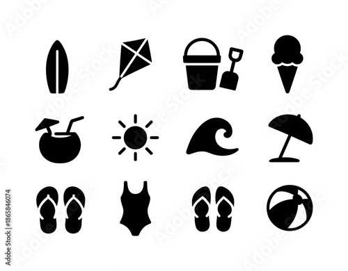 Summer Activities Icons. Summer activities. Solid icon set of Summer activities: surfboard, kite, bucket, shovel, ice cream, coconut drink, sun, wave, beach
