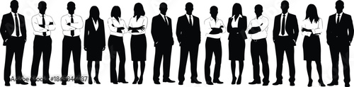 Silhouettes of diverse business professionals standing together in formal attire with suits, ties, and skirts, symbolizing teamwork, corporate unity, and workplace diversity