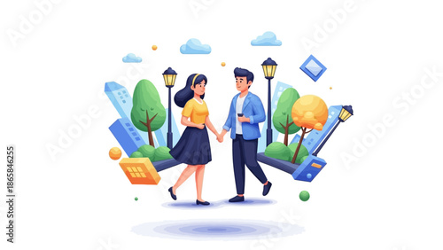 Couple strolling hand-in-hand through a vibrant park with trees and cityscape elements in the background