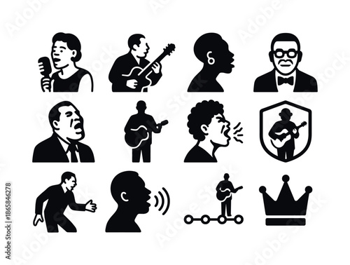 Iconic Blues Singers. Famous blues singers. Solid icon set of Famous blues singers: Bessie mic, Muddy guitar, Etta profile, B.B. King icon, Howlin' Wolf growl,