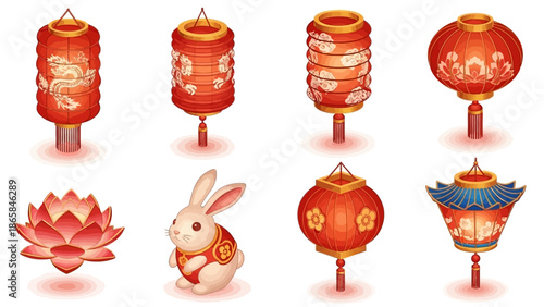 Chinese New Year Decorations Festive Lanterns and Rabbit Illustration