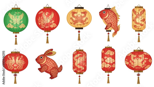 Collection of Traditional Chinese Lanterns with Diverse Cultural Designs and Symbols