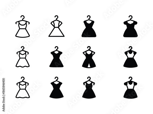 Clothing Logo Variations. Trying on clothes. Icon set. Set Logo of Trying on clothes: dress on hanger. harmonious logo variations of the same emblematic
