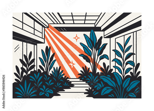 Eco Atrium Harmony. Biophilic design and green architecture ? eco atrium. Sunbeams spill into an open atrium filled with tall plants; floating spark icons