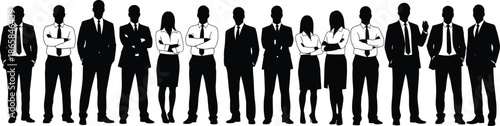 Silhouettes of diverse business professionals standing in formal attire with suits, ties, and skirts, symbolizing teamwork, corporate culture, and workplace diversity