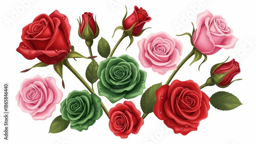 Elegant botanical illustration featuring a charming mix of red, pink, and unique green roses with fresh buds and leaves, ideal for romantic and vibrant design projects