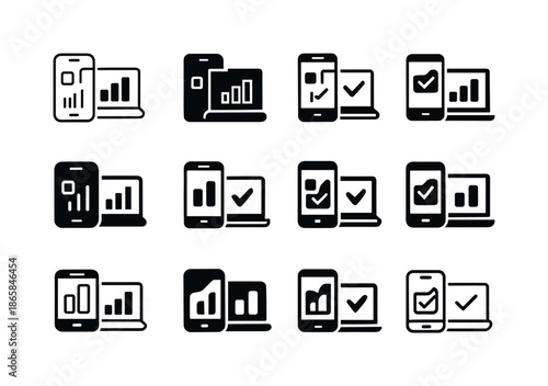 Productivity Icons Grid. Productivity tools and apps on phone and laptop. Icon set. Set Logo of productivity tools and apps on phone and laptop: laptop with
