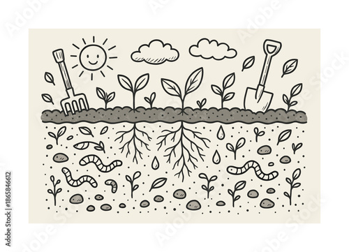 Rich Soil Doodle. Rich ground. Hand-drawn doodle illustration Rich ground soil layer lines, roots, sprouts, worms, water drops, shovel, rake, leaves, sun,