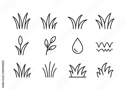 Grass Texture Icons. Grass textures. Line icon set of grass textures: long blades, short blades, curved grass, clumped grass, single stalk, leaf sprig, dew
