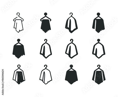 Worn Towel Logos. Worn Towel. Icon set. Set Logo of worn towel: towel hanging on hook. harmonious logo variations of the same emblematic concept, each with