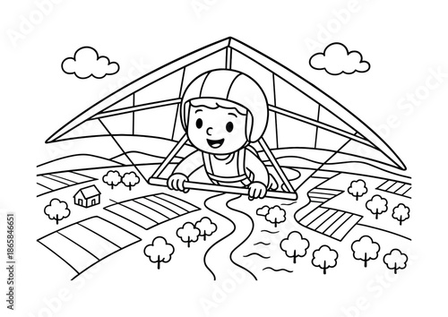 Hang Glider Adventure. Bird?s-eye view from hang glider children?s coloring book illustration, outlined drawing, child looking down at fields and rivers from