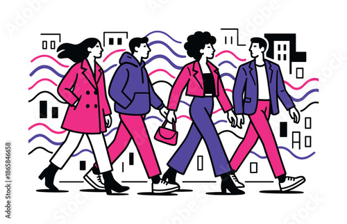 Stylish Urban Walkers. People walking on a city street dressed in stylish outfits ? bold color fits. Bright jackets pop against neutral buildings; abstract