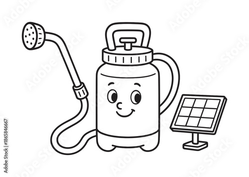 Solar Sprayer Coloring. Solar-powered sprayer children?s coloring book illustration, outlined drawing, a friendly garden sprayer connected to a small solar