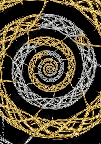 Intertwined golden and silver spiraling strands create a mesmerizing pattern on a dark background