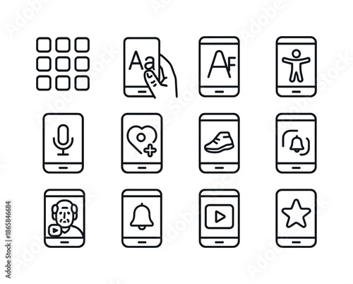 Elderly App Icons. Elderly Using Apps. Line icon set of Elderly Using Apps: app icons grid, phone with elderly hand, large font settings, accessibility app,