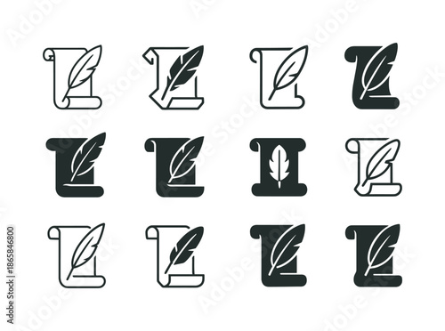 Diverse Knowledge Icons. Knowledge. Icon set. Set Logo of knowledge: scroll and quill. harmonious logo variations of the same emblematic concept, each with