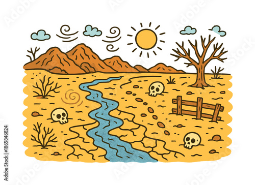 Colorful Desolation. Desolate terrain. Colorful Hand-drawn doodle Children illustration Desolate terrain rocky hills, withered bushes, cracked soil, dry
