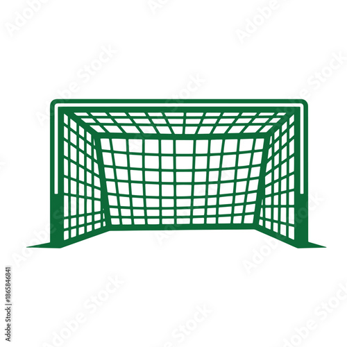 Green soccer goal net with rectangular frame and grid pattern isolated on white background