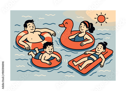 Family Pool Fun. Sunny swim time. A family floats on colorful pool toys; gentle waves sway beneath them. Soft highlights show warmth and fun. Modern flat-line
