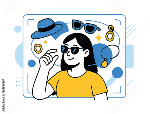 Virtual Accessory Showcase. Accessory Try-On Magic. Sunglasses, hats, and jewelry items appear around a person?s face in a floating ring, snapping into AR