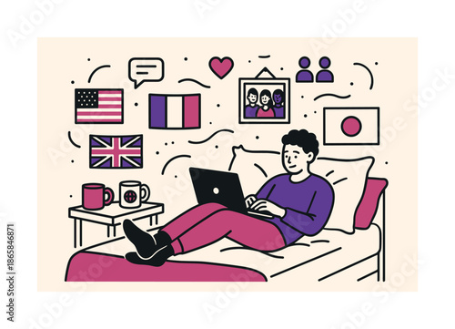 International Student Life. International dorm life. A student lounges with a laptop surrounded by flags, mugs, and photos; floating elements show community.