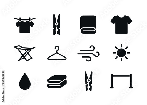Laundry Icons Set. Laundry drying. Solid icon set of Laundry drying: clothesline, clothespin, towel silhouette, shirt outline, drying rack, hanger, breeze