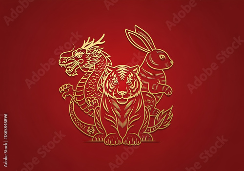 Chinese zodiac dragon, tiger, and rabbit in gold on red