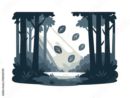 Serene Forest Glade. Forest glade morning. Soft rays cut through tall trees as a small clearing glows with early light. Leaf icons drift like calm whispers.