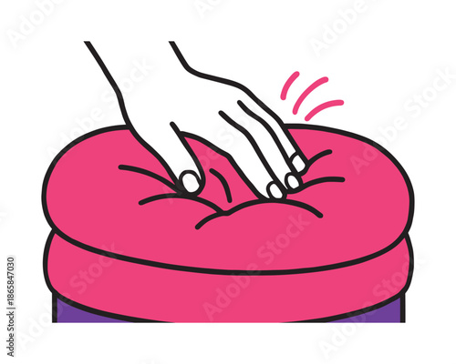 Plush Cushion Press. Plush relaxation. A hand gently presses into a thick cushion; curved lines bounce around the indentation. The form feels tactile and cozy.