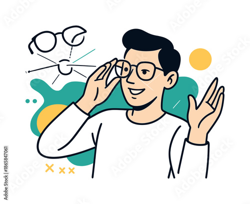 AR Glasses Simulation. Virtual Eyewear Preview. A person looks through an AR overlay where glasses frames float one by one into place, gently rotating for full