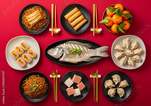 Vibrant Chinese New Year feast with dumplings and fish on red table