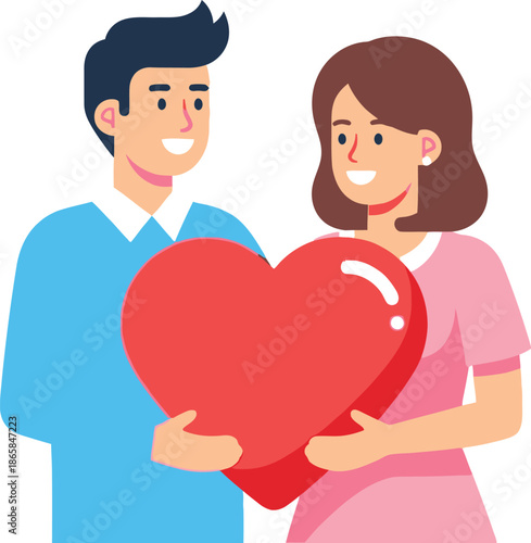 Happy smiling couple jointly holding a large shiny red heart symbol illustrating shared affection romance and deep commitment between partners