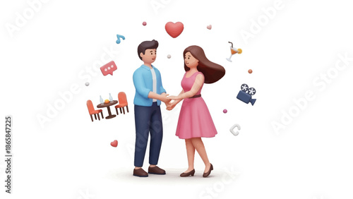 Charming 3D couple illustration surrounded by icons representing modern love, dating, and relationship connection in a digital age