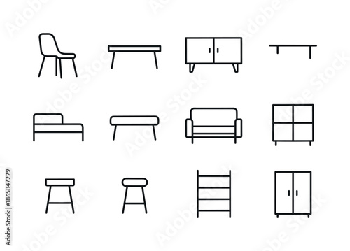 Minimalist Furniture Icons. Minimalist furniture. Line icon set of Minimalist furniture: sleek chair, low table, storage unit, wall shelf, modern bed, bench