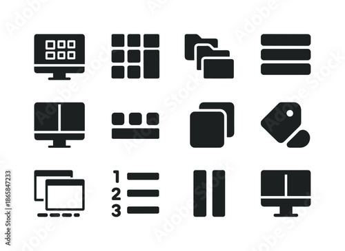 Screen Organization Icons. Screen organization. Solid icon set of Screen organization: desktop grid, tidy icons, folder group, category labels, workspace