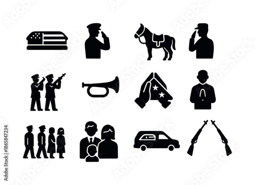 Funeral Honor Icons. Funeral honors. Solid icon set of Funeral honors: flag-draped casket, solemn salute, riderless horse, final salute, honor rifle team, taps