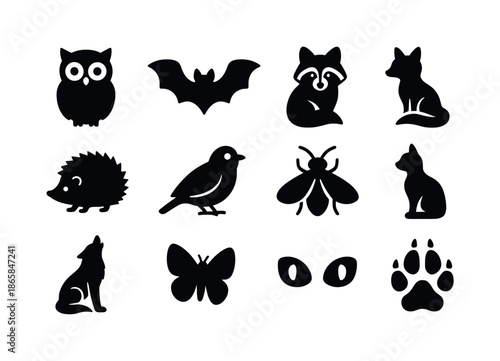 Nocturnal Animal Icons. Nocturnal Animals. Solid icon set of Nocturnal Animals: owl, bat, raccoon, fox, hedgehog, night bird, firefly, cat silhouette, howling