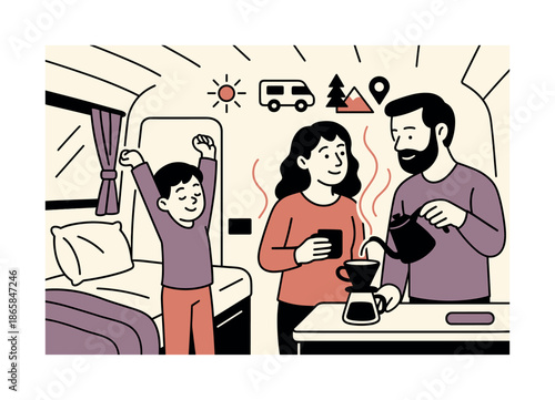 Vanlife Morning Harmony. Vanlife morning routine. Child stretching while parents brew coffee; curved steam lines rising in harmony. Minimal travel symbols