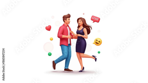 Romantic Couple Dancing Joyfully Surrounded by Hearts and Emoticons, Celebrating Love and Connection