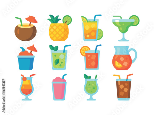 Colorful Vacation Drinks. Vacation drinks. Colorful flat vector icons set of vacation drinks: coconut drink, pineapple cooler, iced mocktail, frozen margarita,