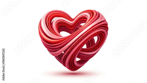 Abstract Heart Shape with Swirling Red and Pink Ribbons on a White Background, Symbolizing Love