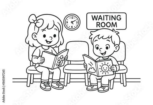 Kids Reading Fun. Waiting room scene children?s coloring book illustration, outlined drawing, two kids reading picture books while waiting for an appointment,